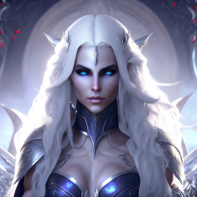 Fantasy female character with white hair, blue eyes, pointed ears, and elven features in silver