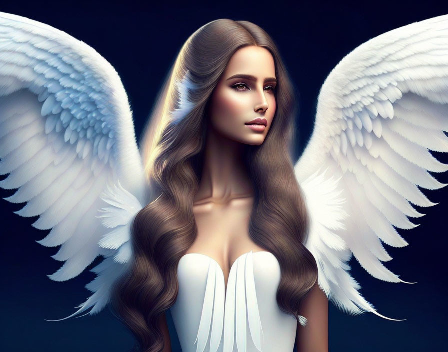 Digital artwork of woman with white angel wings and serene expression