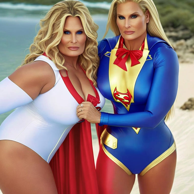 Two women in superhero-themed swimsuits on beach: Superwoman and Supergirl.