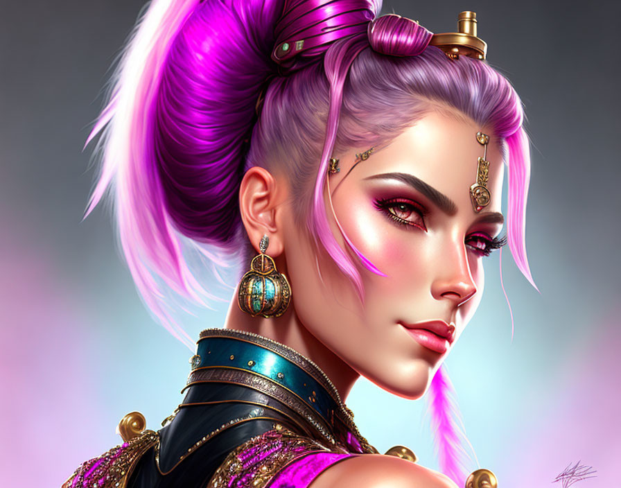 Detailed digital portrait: Woman with purple hair, intricate makeup, and ornate jewelry against soft background