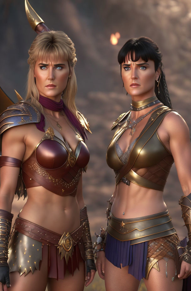 Two Female Warriors in Fantasy Armor Stand Strong Together