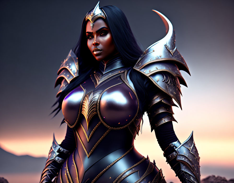 Digital illustration of fierce warrior woman in black and silver armor against dusk sky