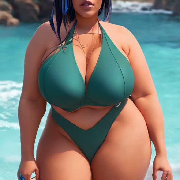 Blue-haired woman in green swimsuit by the sea, cropped image.