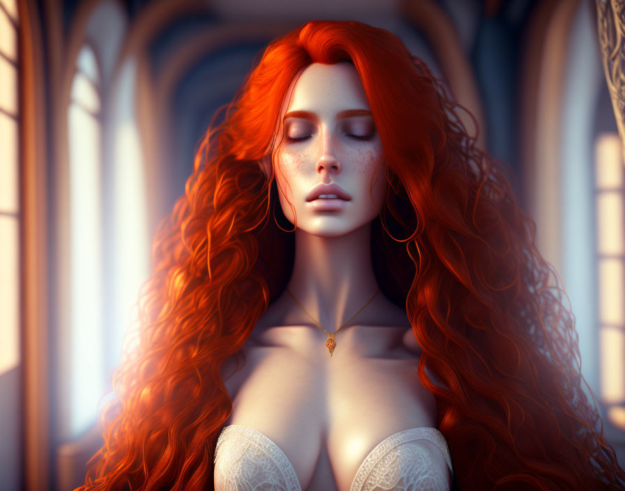 Digital artwork featuring woman with red hair, freckles, and white lace garment