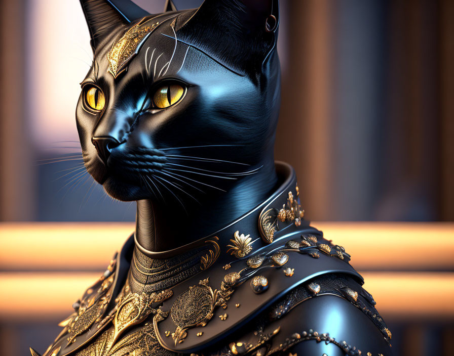 Black Cat in Golden Armor with Yellow Eyes: Regal and Mystical Aesthetic