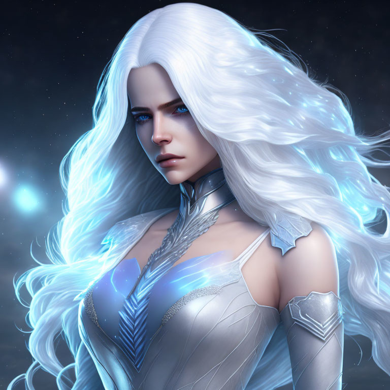 Fantasy character with white hair, blue eyes, and shimmering armor on starry background