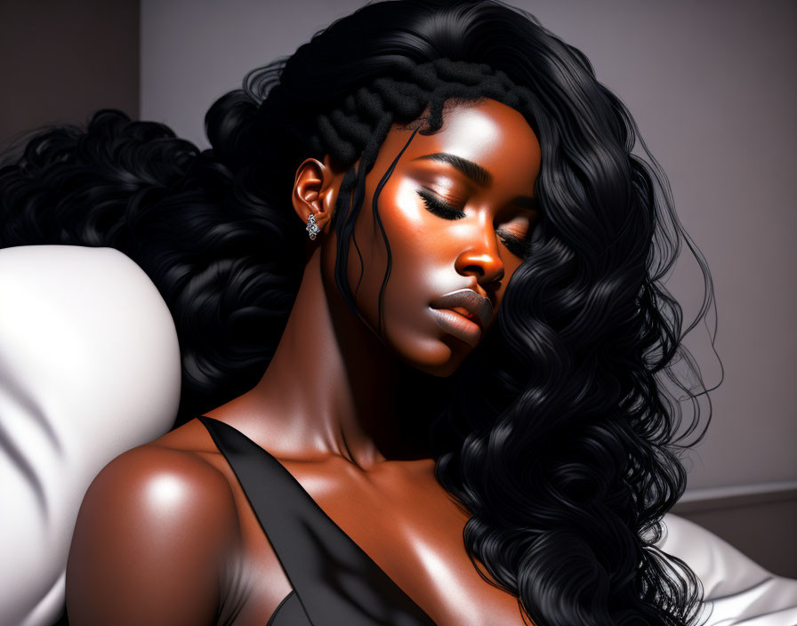 Dark-skinned woman with flowing hair and elegant makeup against light backdrop