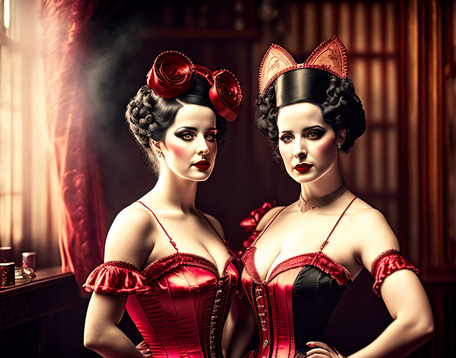 Vintage burlesque women in corsets and headpieces under red lighting