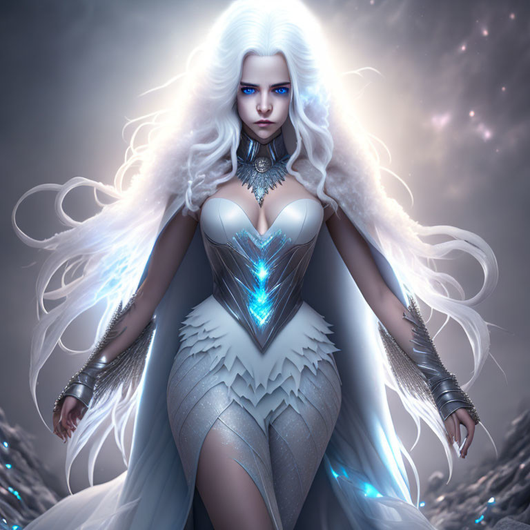 Fantasy female figure in silver armor under starry sky