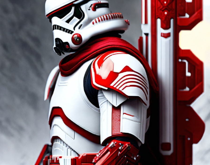 Detailed Stormtrooper in White and Red Armor with Red-Bladed Weapon
