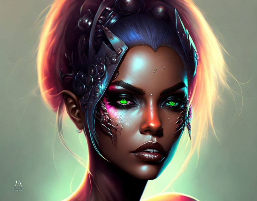 Blue-skinned female figure with green eyes and orange hair in futuristic cybernetic enhancements.