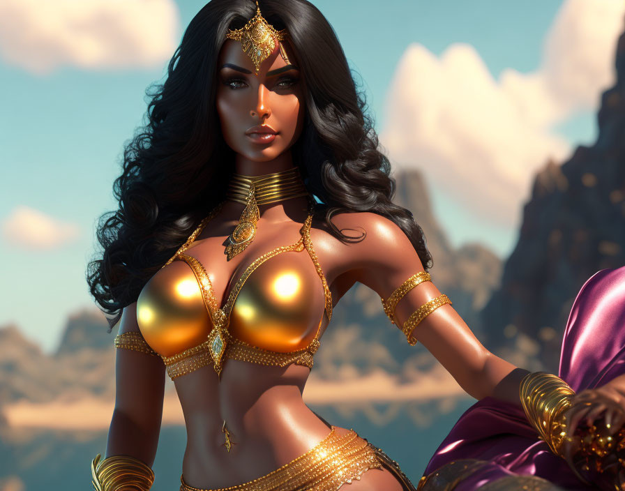 3D-rendered image: Woman with long dark hair in golden attire on rocky terrain