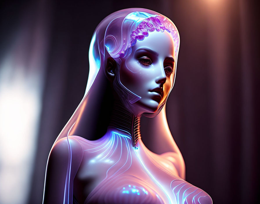 Futuristic neon-lit portrait of contemplative female android