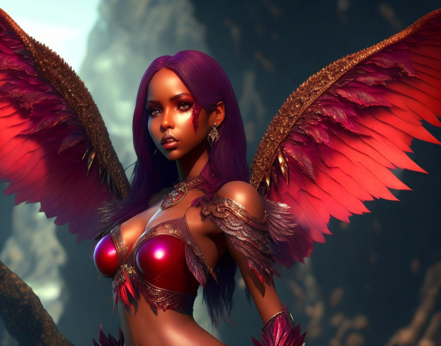 Fantastical female character with purple hair and red wings in ornate armor in 3D art