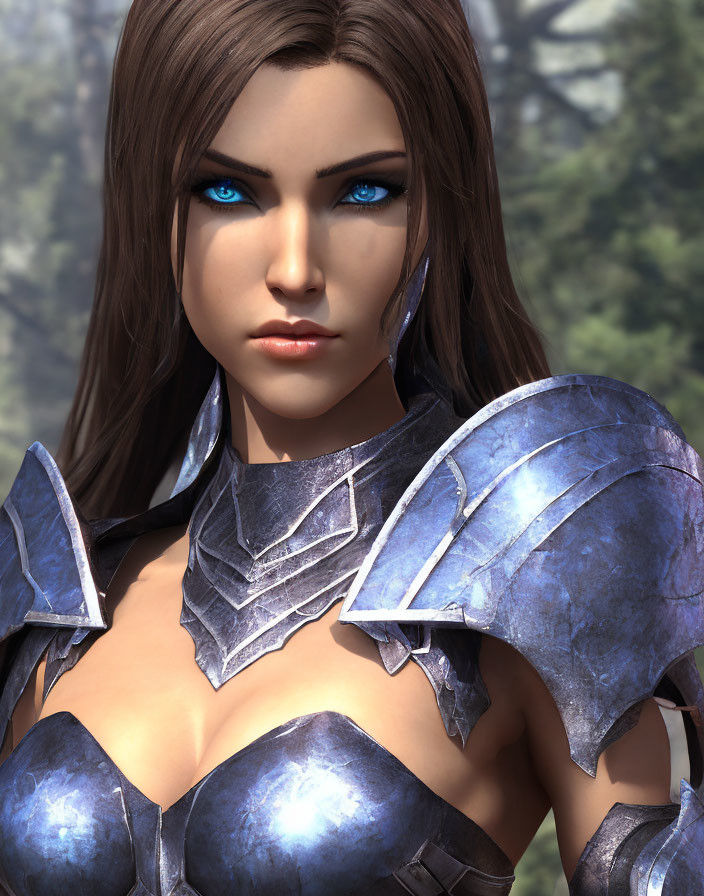 Female warrior with blue eyes in silver armor standing in forest