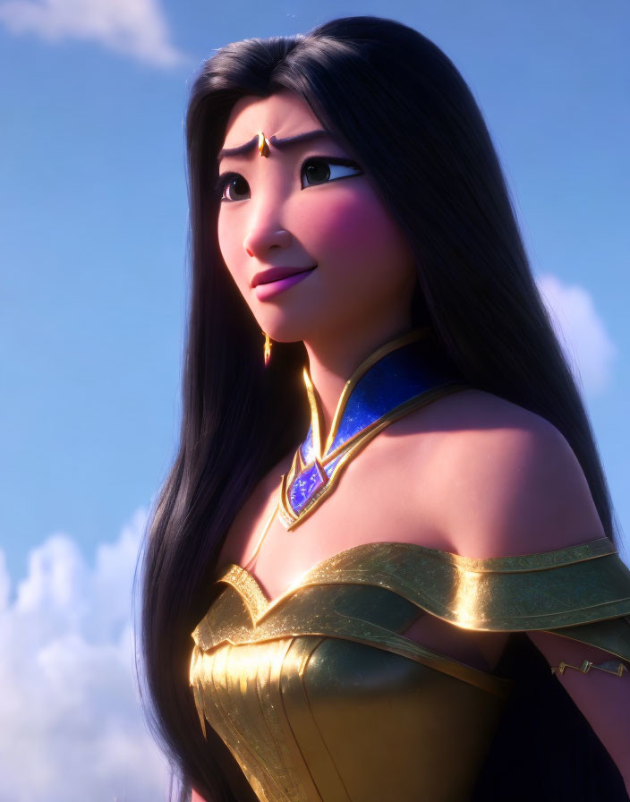 3D animated female character in golden armor and blue sash gazes into distance