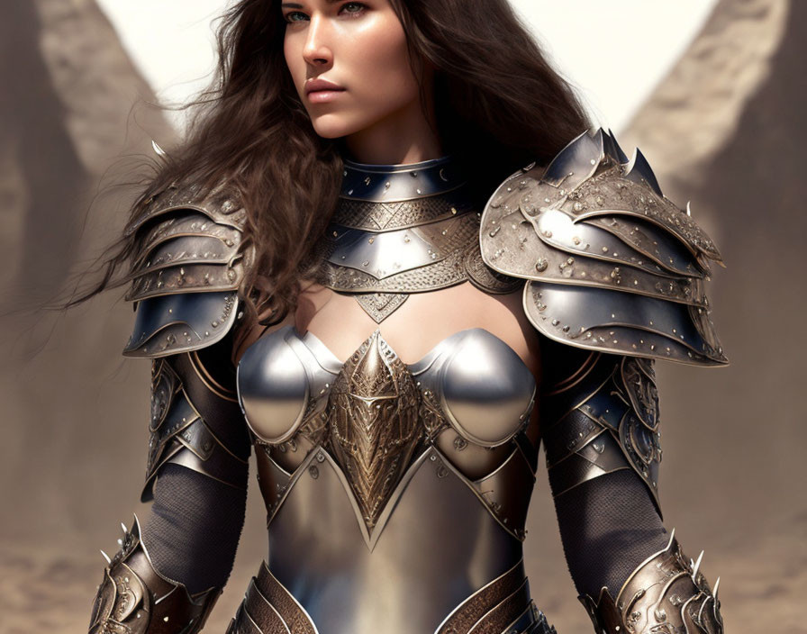 Detailed Fantasy Armor Woman Against Sandy Mountain Backdrop