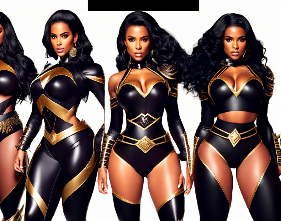 Woman in Black and Gold Superhero Costume: Three Confident Poses