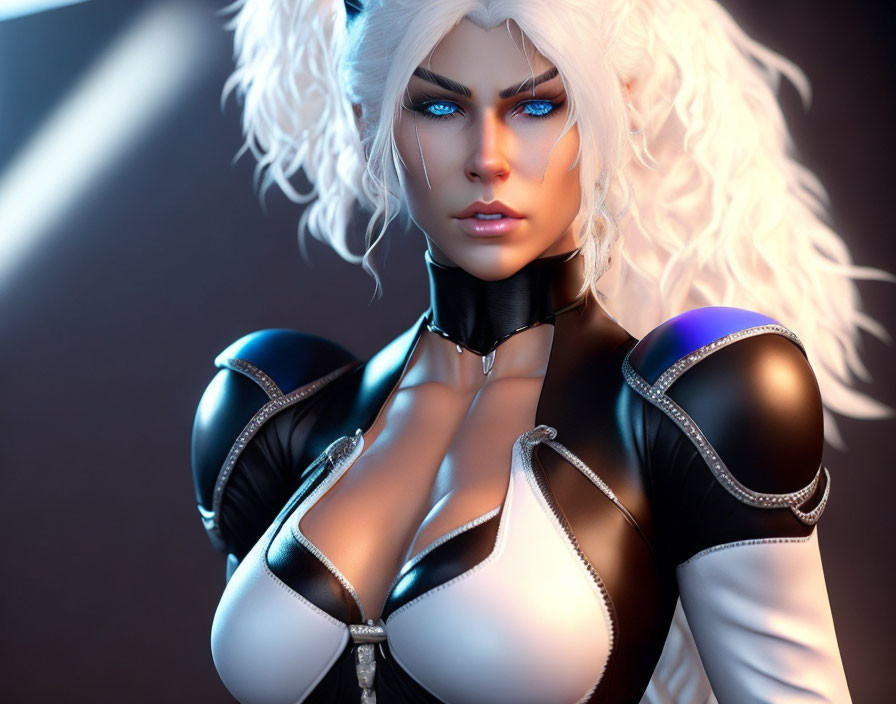 Futuristic digital art: Woman with white hair, blue eyes, black and white outfit with blue