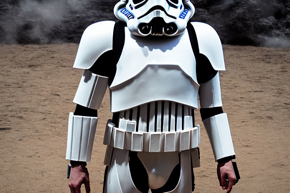 Stormtrooper costume in smoke-filled background reminiscent of Star Wars