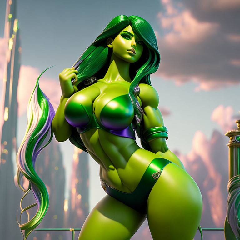 Muscular green-skinned female in metallic bodysuit against futuristic cityscape