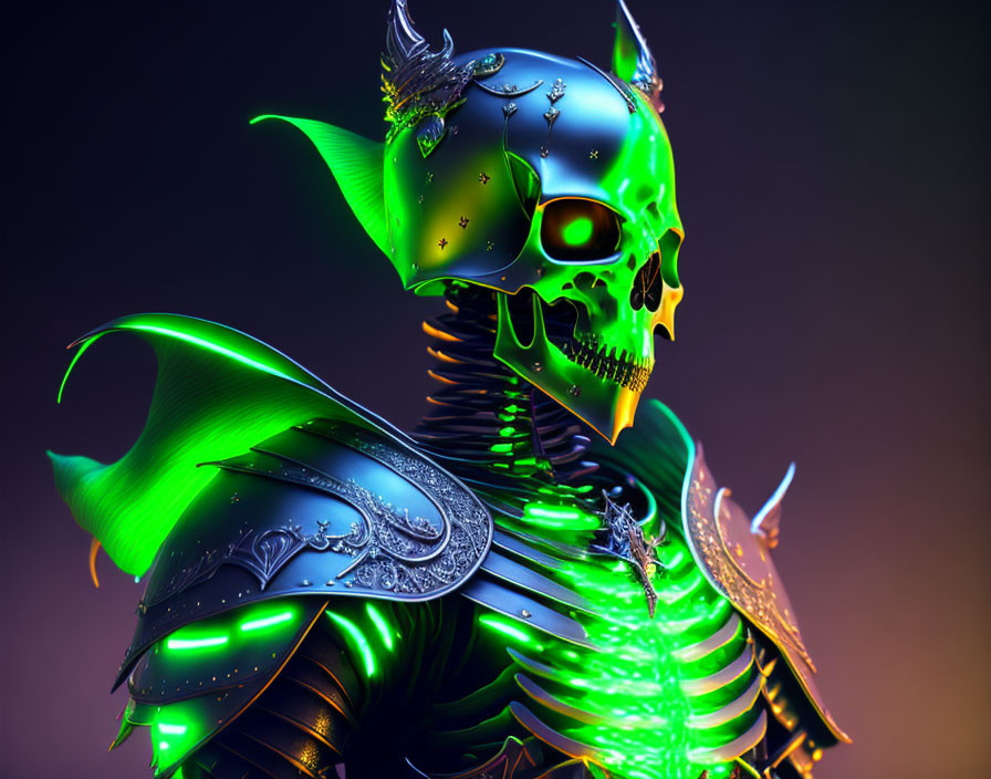 Skull-headed figure in green and black armor with glowing eyes