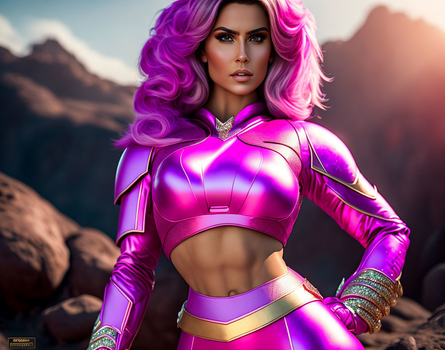 Female superhero with purple hair in pink and gold suit against mountains