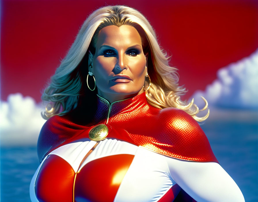 Blonde Female Superhero in Red and White Costume against Red Sky