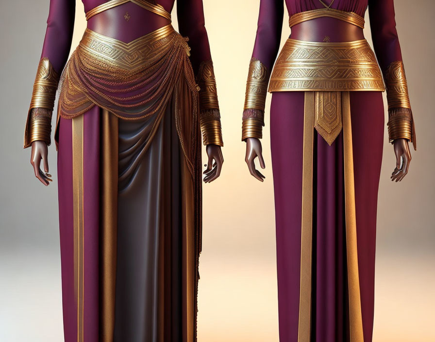 Elegant purple and gold traditional dresses with ornate details.