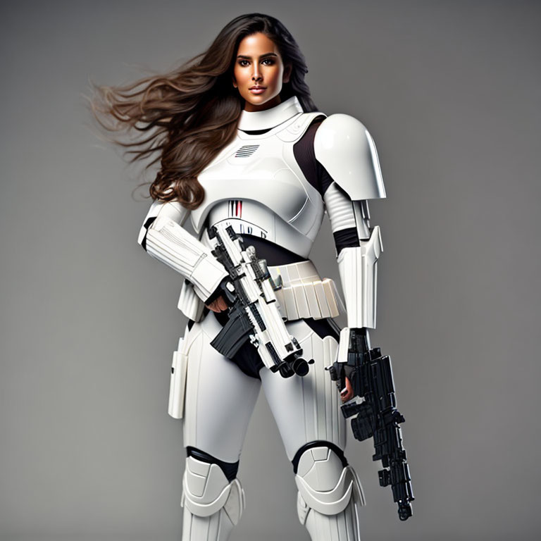 Futuristic person in white armor with blasters on gray backdrop