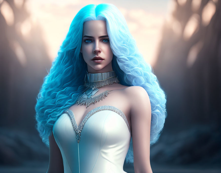 Blue-haired woman in white dress with ornate jewelry against mystical forest backdrop