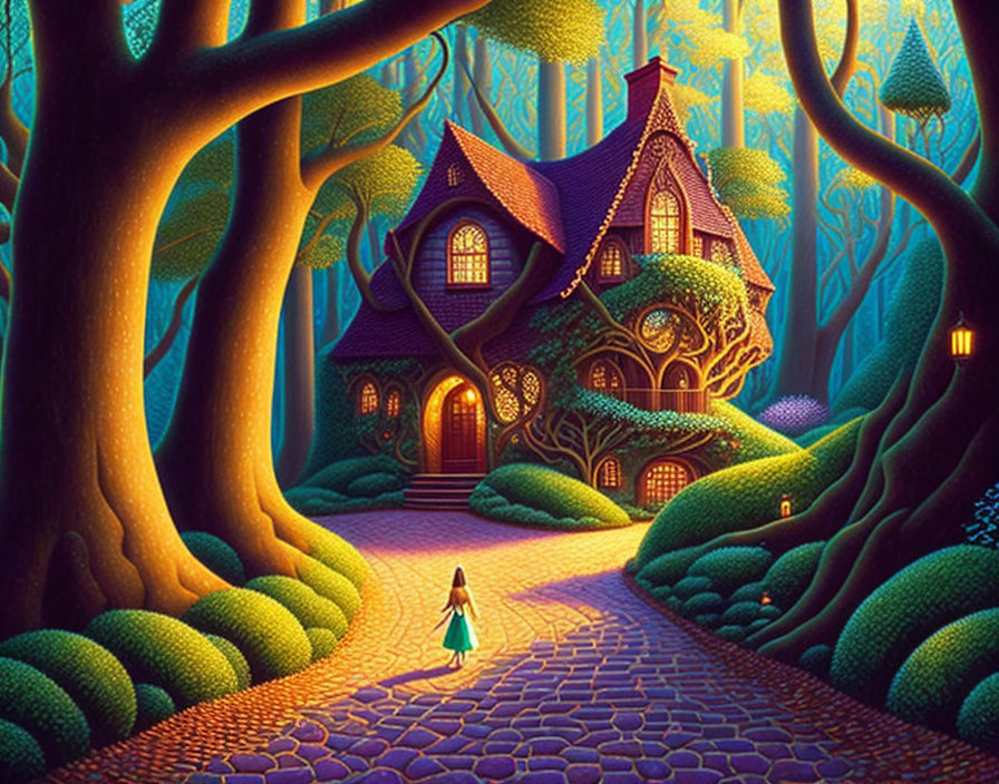 Enchanted forest illustration with glowing trees and quaint house