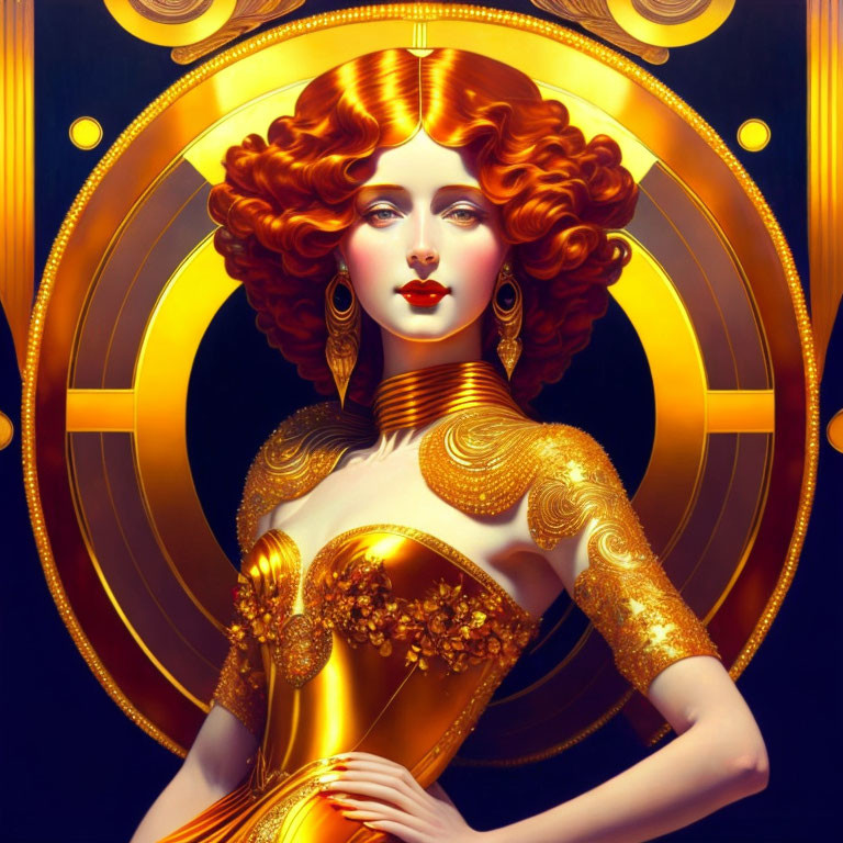 Art Deco Style Illustration of Woman with Red Hair and Geometric Background