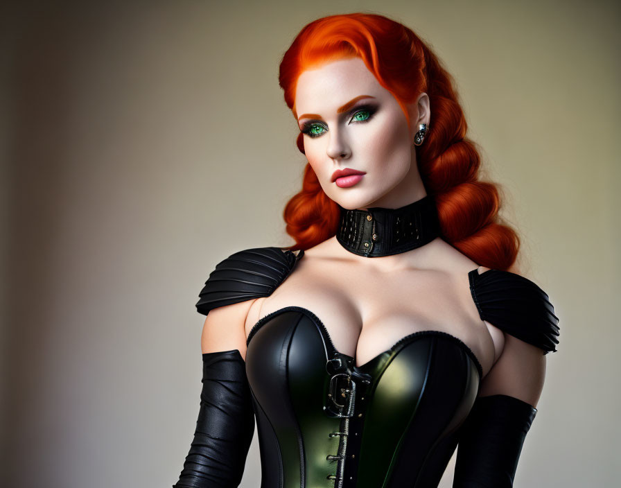 Vibrant red hair in updo, green eye makeup, black corset, gloves, ch