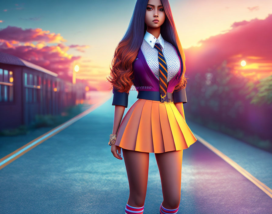 Digital Stylized Image: Female Character in School Uniform at Sunset