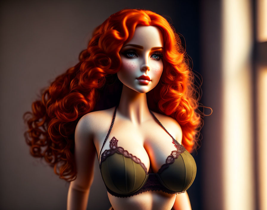 Red-haired woman in green lingerie: 3D-rendered image