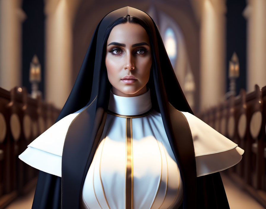 3D illustration of nun in habit in church aisle