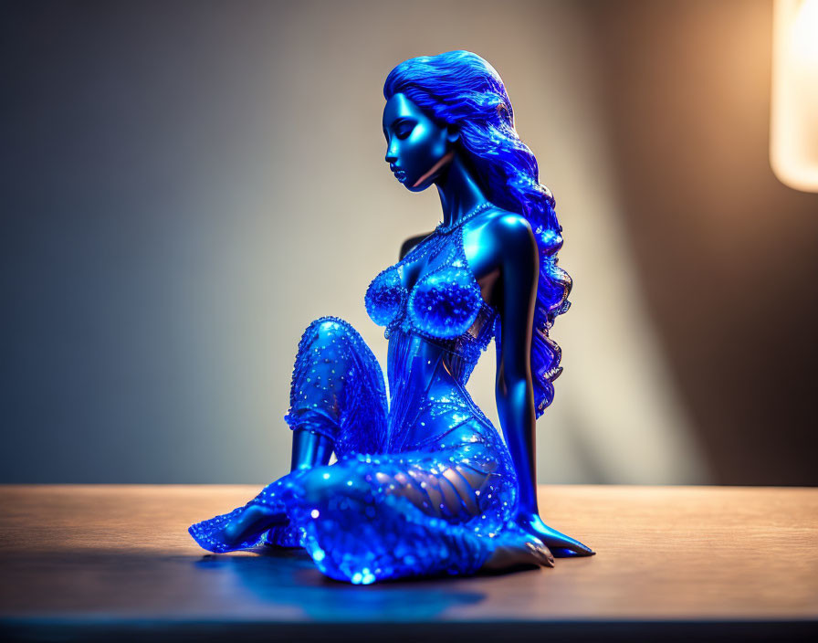 Blue mythical mermaid figurine on wooden surface under warm light