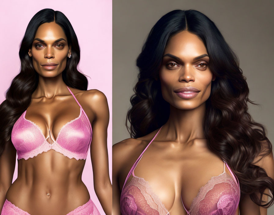 Comparison of woman with and without makeup in pink lace bra