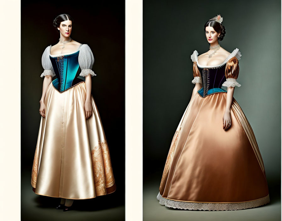 Diptych featuring woman in blue/silver and peach/gold historical-style dresses