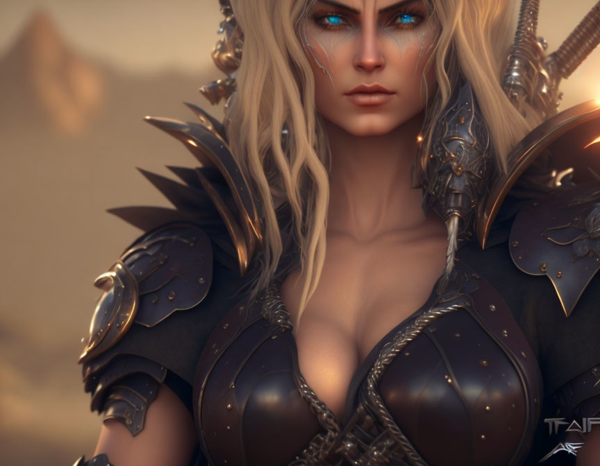 Digital Artwork: Woman with Blue Eyes & Blonde Hair in Fantasy Armor