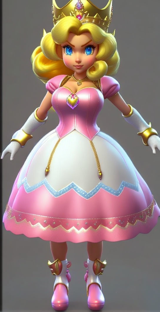 Video game character Princess Peach in pink dress with gold trim and crown, blue eyes, and blonde hair