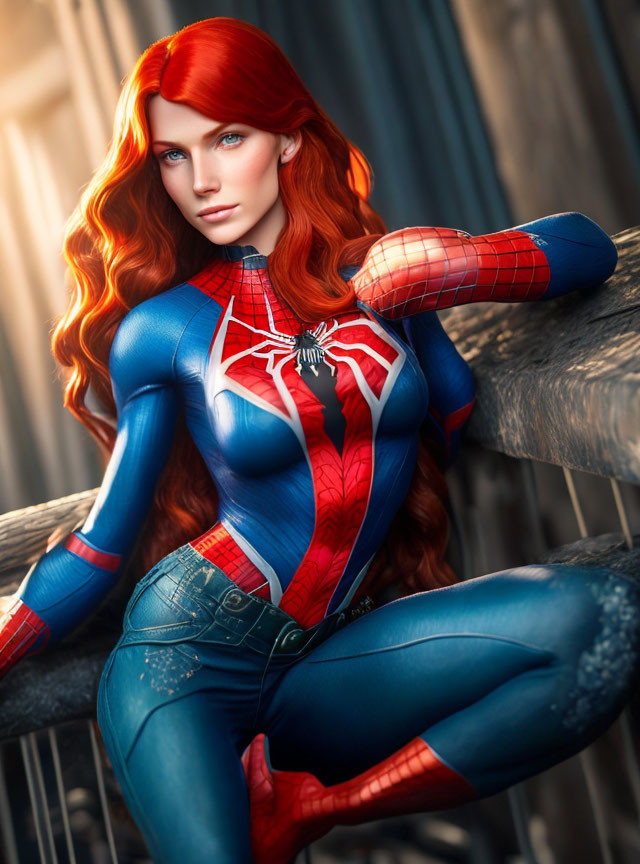 Vibrant Red-Haired Person in Spider-Themed Superhero Costume Sitting in Urban Setting