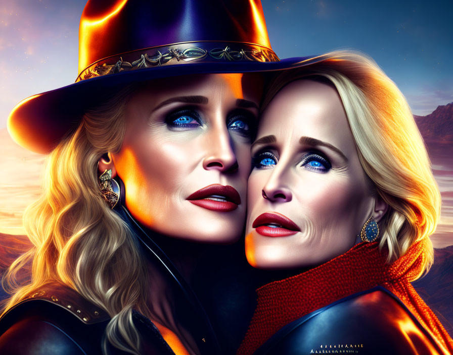 Two women with blue eyes and blonde hair in cowboy hats under dusk sky