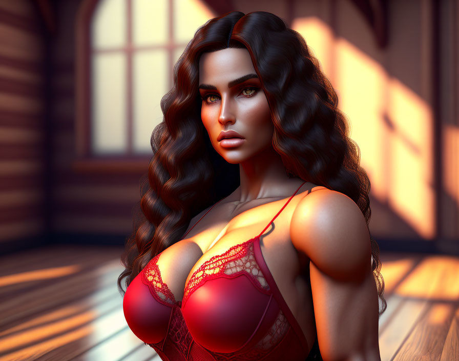 3D rendered image of woman in red lingerie with long wavy hair