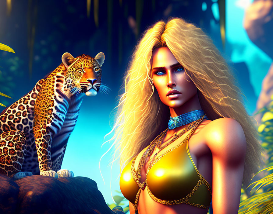 Stylized woman with blonde hair and leopard in vibrant jungle setting