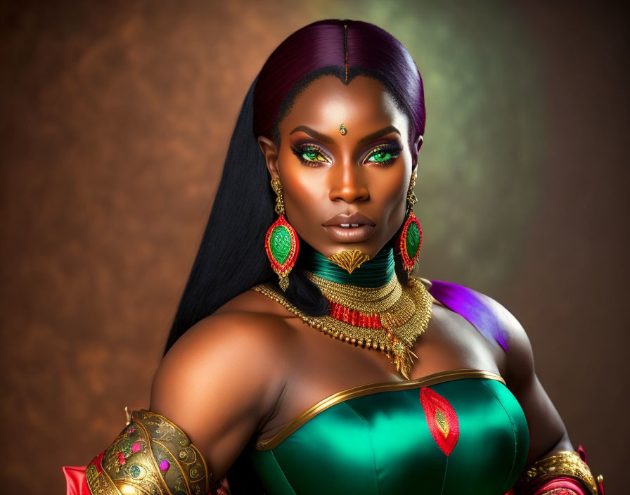 Striking green-eyed woman with purple hair in elegant green and red attire