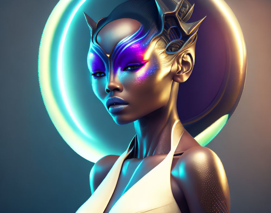 Glowing neon makeup on futuristic female figure with crown headpiece