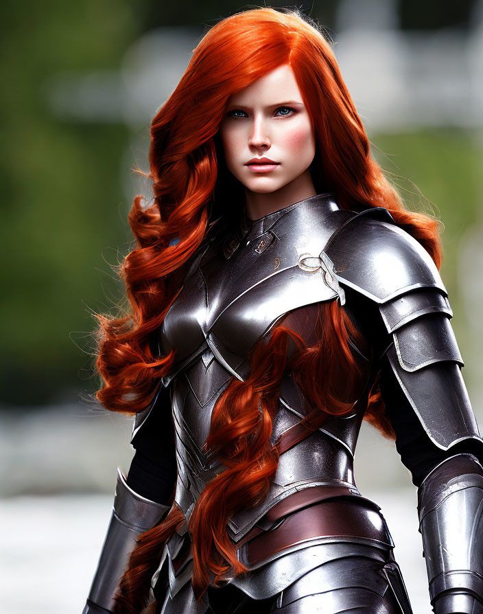 Vibrant red-haired woman in silver knight armor on green background