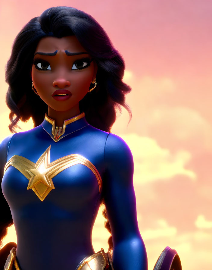 3D animated female superhero with dark hair and golden tiara in blue suit against pink sky